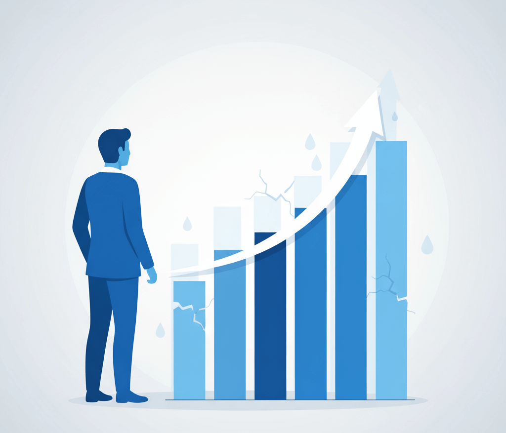 Ilustración digital de un gráfico de ganancias con fugas ocultas detrás, simbolizando los costos invisibles que afectan la rentabilidad empresarial.