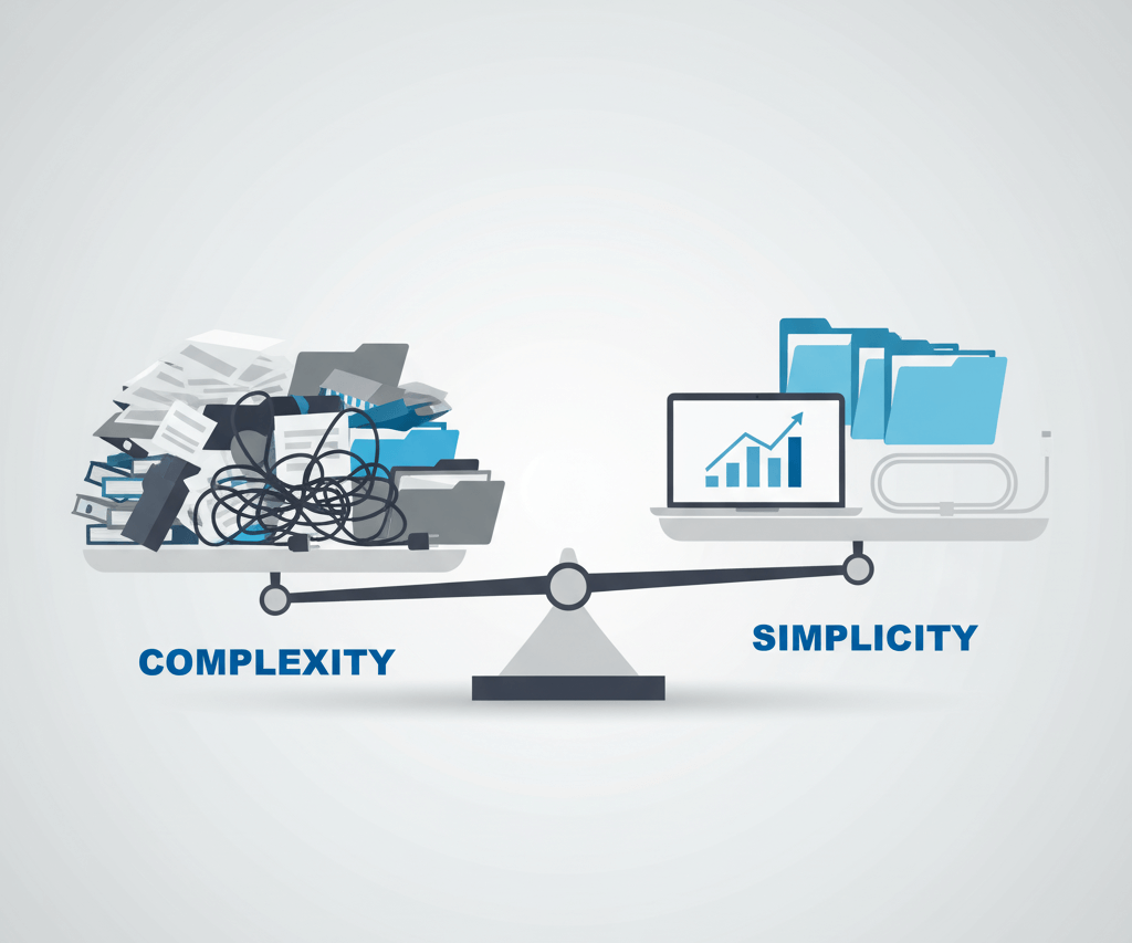 Balanza comparando complejidad empresarial (archivos desordenados) con simplicidad (gráficos claros), destacando eficiencia operativa.