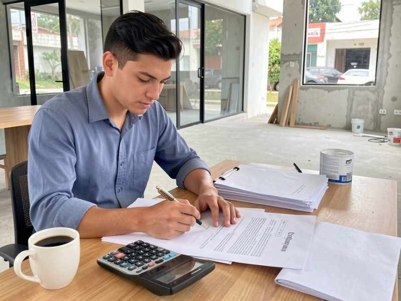 Un emprendedor joven en Guatemala revisando un contrato de arrendamiento detalladamente con una calculadora y café sobre la mesa, con el fondo de un local comercial moderno en proceso de adecuación.