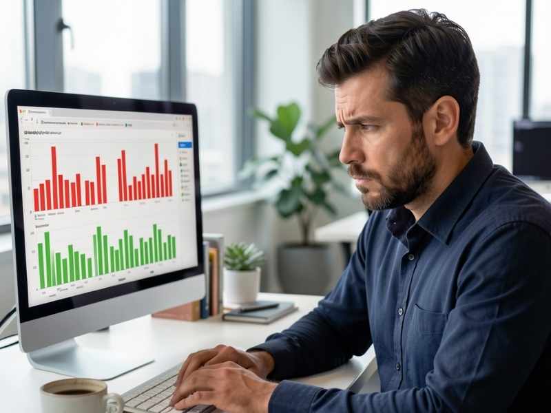 Un emprendedor sentado frente a una computadora con gráficos de barras rojos y verdes, mostrando una expresión de concentración profunda, con una taza de café a medio tomar en una oficina moderna.