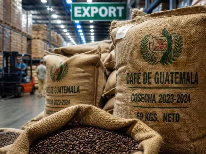 Sacos o cargamento de café preparado para exportación, en almacén, puerto o entorno logístico. Refuerza exportaciones, marca y mercados internacionales.