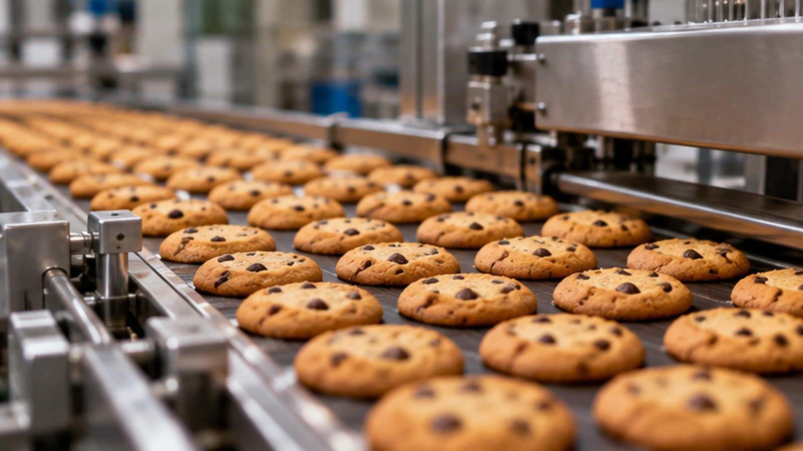 Línea industrial con galletas de chocolate sobre una banda transportadora.