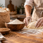 Persona amasando pan sobre una mesa de madera con harina de trigo, granos y utensilios de cocina, representando la evolución de la harina y sus usos cotidianos.