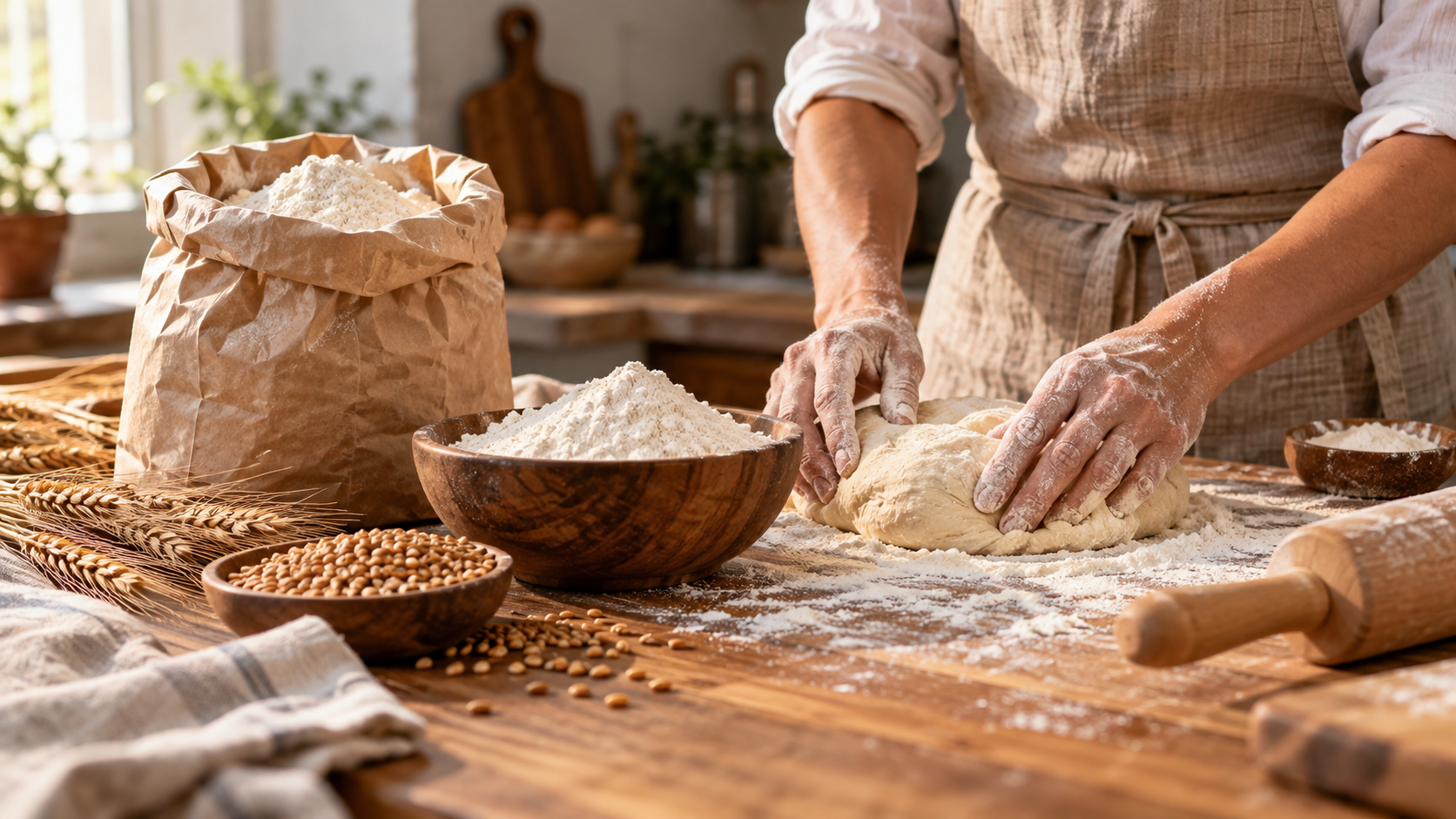 Persona amasando pan sobre una mesa de madera con harina de trigo, granos y utensilios de cocina, representando la evolución de la harina y sus usos cotidianos.