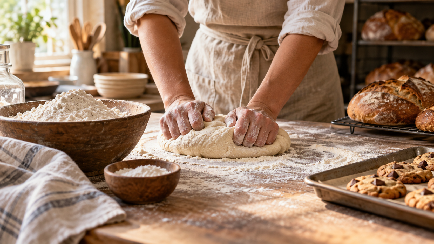 Panadero amasando una preparación de harina de trigo sobre una superficie enharinada, con panes y galletas recién horneados a su alrededor.