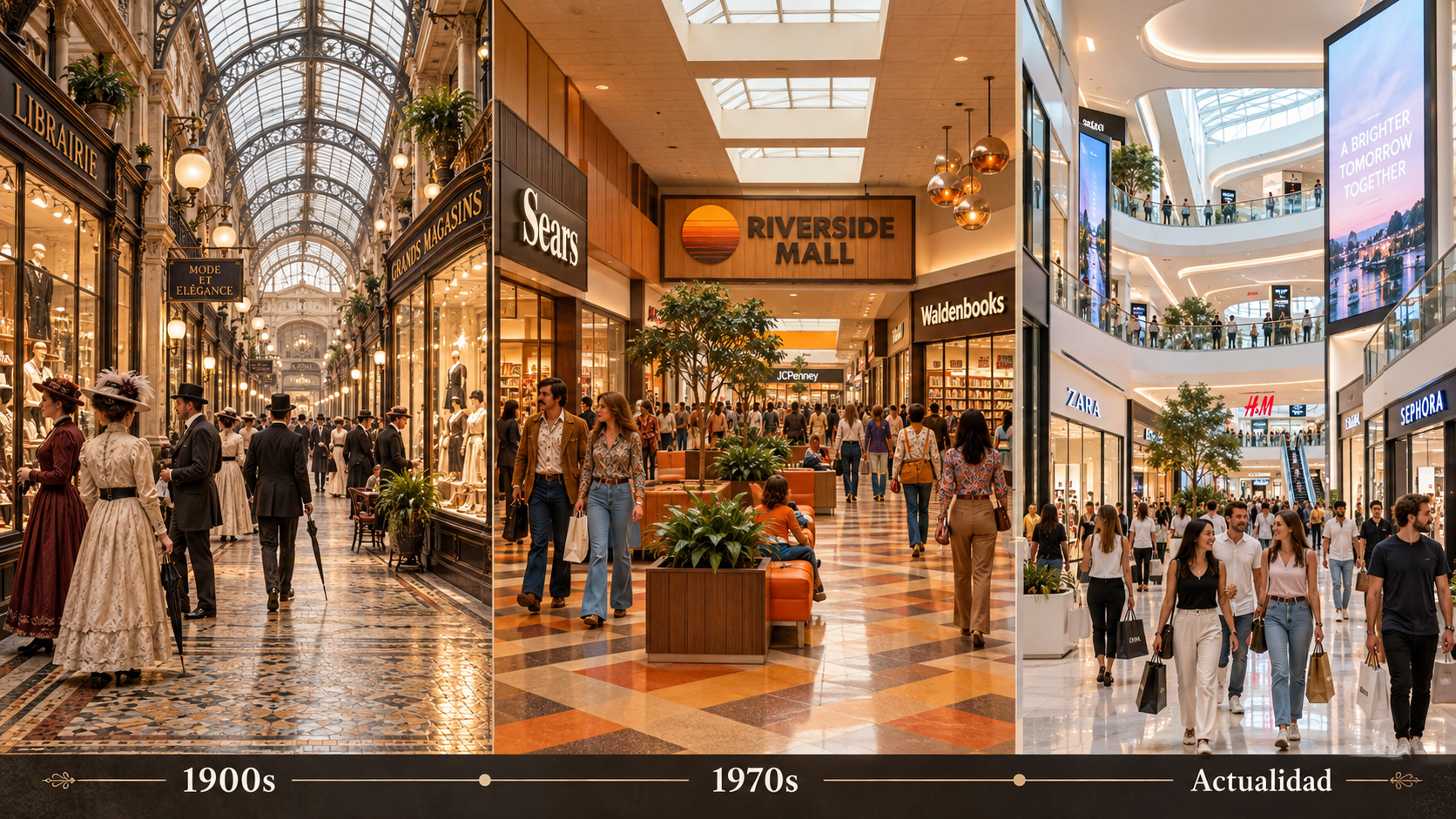 Comparación de tres épocas en la historia de los centros comerciales: una galería comercial de 1900, un centro comercial de los años 70 y uno moderno.